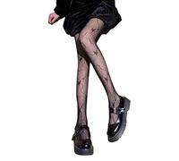 ORANDESIGNE Mujer Medias de Red de Cintura Alta Medias Delgadas Negras Semi Transparente Señoras Pantimedias con Patrón Harajuku Floral Striped Patterned Lace Tights M Negro Talla única