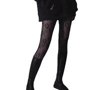 ORANDESIGNE Mujer Medias de Red de Cintura Alta Medias Delgadas Negras Semi Transparente Señoras Pantimedias con Patrón Harajuku Floral Striped Patterned Lace Tights F Negro Talla única