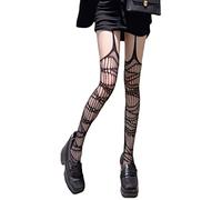 ORANDESIGNE Mujer Medias de Red de Cintura Alta Medias Delgadas Negras Semi Transparente Señoras Pantimedias con Patrón Harajuku Floral Striped Patterned Lace Tights Y Negro Talla única
