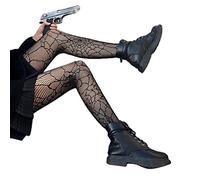 ORANDESIGNE Mujer Medias de Red de Cintura Alta Medias Delgadas Negras Semi Transparente Señoras Pantimedias con Patrón Harajuku Floral Striped Patterned Lace Tights L Negro Talla única