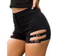 ORANDESIGNE Mujer Pantalones Cortos Rejilla Deportivos Cintura Alta Sexy Shorts, Pantalones Cortos Hueco con Liguero Rave Shorts Clubwear, Hot Pants para Gym Yoga Fitness Ciclismo H Negro L
