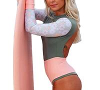 ORANDESIGNE Mujer Traje de Baño Una Pieza Monokini Bikini Ajustado Estampado de Manga Larga para Playa Natación Vacaciones Surf Rashguard UV Protección F Verde L