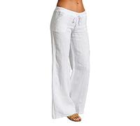 ORANDESIGNE Pantalón Lino Mujer Verano Tallas Grandes Pantalones Largos Sueltos Casuales Pantalones de Playa Pantalones Rectos de Talle Bajo con Cordón 9/10 Longitud A Blanco XXL