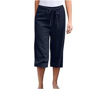 ORANDESIGNE Pantalones Casual para Mujer Cintura Alta Pierna Ancha Pantalones de Salón Cordón Elástico Cintura Suelta Cómodo Pantalones de Trabajo de Negocios con Bolsillos A Azul Oscuro XS