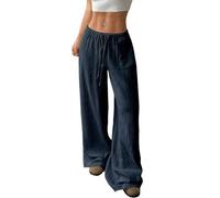 ORANDESIGNE Pantalones Mujer Verano Pantalones Anchos Pantalon Fluido Largo Algodón Pantalón Cintura Elástico con Cordón A Marino XS