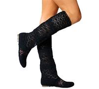 ORANDESIGNE Respirable Botas de Mujeres Primavera Verano Botas de Encaje Hueco Crochet Hollow out Tacones Planos Botas Ligeras de Rodilla A Negro 39 EU