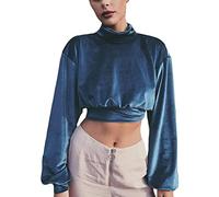 ORANDESIGNE Top de Terciopelo para Mujer Sexy Sudadera sin Capucha Corta de Terciopelo Jersey Medio Cuello Alto Crop Top Suéter de Manga Larga Top Corto Primavera Otoño A Azul S