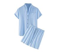 ORANDESIGNE Traje Corto de Lino de Dos Piezas para Hombre Traje de Lino Camisa de Verano Playa Ropa de 2 Piezas Pantalones Deportivos Algodón Y Lino Ropa de Ocio Traje de Casa C Azul Claro L