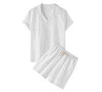 ORANDESIGNE Traje Corto de Lino de Dos Piezas para Hombre Traje de Lino Camisa de Verano Playa Ropa de 2 Piezas Pantalones Deportivos Algodón Y Lino Ropa de Ocio Traje de Casa A Blanco L