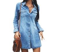ORANDESIGNE Vestido Camisero de Mezclilla Mujer Una Línea con Botones Y Bolsillo Informal Manga Larga Algodón Vestido Suelto Playa A Azul S