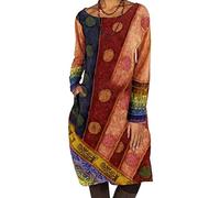 ORANDESIGNE Vestido de Estilo Étnico de Mujer Vestido Túnica de Manga Larg Cuello Redondo con Estampado Retro con Bolsillo A Naranja 3XL
