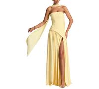 ORANDESIGNE Vestido Largo Verano Mujer Vestido sin Mangas Novia Boda Invitada Vestidos de Fiesta Elegantes con Abertura y Bufanda A Amarillo XL