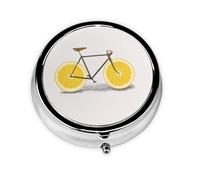 Orange Bicycle Este pequeño pastillero redondo impreso es un organizador portátil de pastillas y vitaminas perfecto para bolsillos, bolsos y viajes.