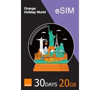 Orange Holiday eSIM Mundial 30 Días | 20 GB de Datos | 15 min de Llamadas + 50 SMS | Precargada y preactivada | Compatible con iPhone y Android | Compartición de Internet permitida
