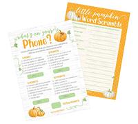 Orange Little Pumpkin Baby Shower - Qué hay en tu teléfono y Word Scramble (2 paquetes de juegos) - 20 tarjetas de doble cara