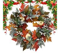 Orange Red Autumn Wreath, 35cm Maple Leaf Garland Decor, Pumpkin Door Wreath with Realistic Foliage Style, Quality Seasonal Hanging Decoration with Rustic Farmhouse Design, for Fireplace Party Use