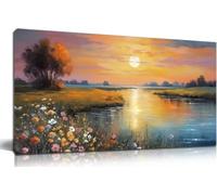 Orange Yellow Sunset Lake Landscape Canvas Wall Art with Vibrant Colorful Wildflowers & Distant Mountain Print Painting(50x100cm/Inner frame)