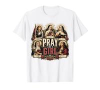 Orar como una niña Católica Mujeres Santa Teresa Juana de Arco María Camiseta gráfica económica, Hombre, Blanco, L