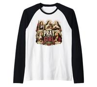 Orar como una niña Católica Mujeres Santa Teresa Juana de Arco María Camiseta Manga Raglan