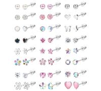 ORAZIO 24 Pares Pendientes Plata Niña Mujer Pendientes Acero Inoxidable Mujer Circón Hipoalergenicos Pendientes de Espalda Plana Flor Mariposa Joyería de Niña Multicolor Rosa
