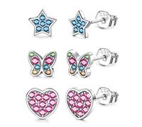 ORAZIO 3 Pares Plata de Ley 925 stud Pendientes Pequeños Para Niñas Niños Mariposa Corazón Estrella Circoniña Cúbica Juego De Pendientes Para Mujeres Niños Hipoalergénico Juego De Pendientes B