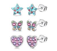 ORAZIO 3 Pares Plata de Ley 925 stud Pendientes Pequeños Para Niñas Niños Mariposa Corazón Estrella Circoniña Cúbica Juego De Pendientes Para Mujeres Niños Hipoalergénico Juego De Pendientes A