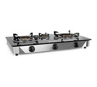 Orbegozo FO 3520 Hornillo A Gas, 3 Fuegos con 2 Quemadores De Triple Corona, Gas Butano O Propano, Encendido Piezoeléctrico, Superficie De Cristal Templado, Cuerpo Inox
