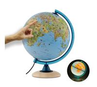 ORBIT Globes & Maps - Globo terráqueo infantil - Globo terráqueo de 25 cm con base de madera, Idioma Español con muchas ilustraciones para niños con luz LED y meridiano azul