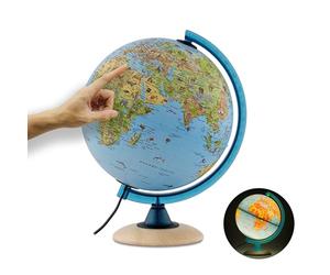 ORBIT Globes & Maps - Globo terráqueo infantil - Globo terráqueo de 25 cm con base de madera, Idioma Español con muchas ilustraciones para niños con luz LED y meridiano azul