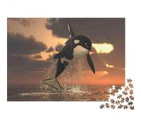 Orca Jumping Sunset 1000 Piezas Rompecabezas Adultos Orca Saltando contra Cielo de Atardecer Dramático Premium Robusto Desafiante Alivio Estrés Juego Familiar 70x50cm/1000pcs