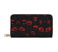 Orca Killer Whale Print Excepcional Cartera de viaje larga de piel sintética con cremallera diseñada para mujeres, Muchas rosas rojas y fondo negro, Talla única