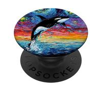 Orca Starry Night Colorido Ballena Puesta de Sol Océano Arte por Aja PopSockets PopGrip Adhesivo