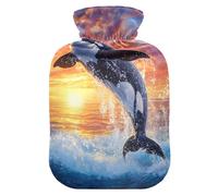 Orca Whale Leaping Sunset - Botella de agua caliente con funda suave, bolsa de agua caliente para aliviar el dolor, tamaño mediano