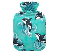 Orcas - Botella de agua caliente turquesa con cubierta suave, calentador de pies y manos, botellas de calor para calambres menstruales, alivio del dolor, pequeña