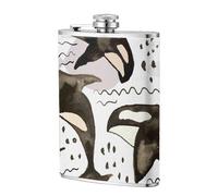 Orcas de acuarela,Frasco de acero inoxidable 304 de 8 oz con funda de cuero sintético, frasco de bolsillo para licor plano para exteriores