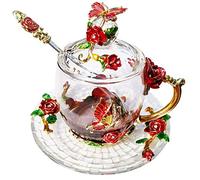 Orchidee Taza de té de Cristal Taza de café Tapa Cuchara Platillo Cumpleaños Personalizado Mujeres Abuela Mamá Hermana Decoración del hogar(Red Short)