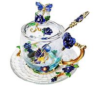 Orchidee Taza de té de Vidrio con platillo con Tapa Taza de café Aniversario de Boda Regalo de cumpleaños Mujer Amigo Día de San Valentín de la Madre(Blue Short)