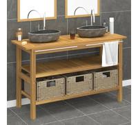 Ordellia Lavabo con lavabo de piedra de río de madera maciza de teca 132 x 45 x 75 cm, mueble de baño con 2 lavabos, 3 cestas, toallero, espacio de almacenamiento para baño, aseo de invitados