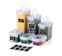 Ordeluxe Juego de 6 recipientes para despensa - 3 tamaños + 3 mini tapas universales, 8 etiquetas, ideales para pasta/muesli - Sin BPA