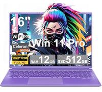 Ordenador Portátil 16 Pulgadas Celeron N5095 Up to 2.9Ghz, Portátil Win 11 con 5G WiFi 12+512GB SSD Expansión 1TB, BT 4.2 Mini Puerto Multimedia Portatiles Ventilador Refrigeración 1920*1200-Morado
