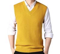 ORDOBO Chaleco De Punto Hombre - Jersey Suéter Chaleco Tallas Grandes S-4Xl Otoño Invierno Hombres Prendas De Punto Chaleco Simple con Cuello En V Vintage Suave Cómodo Tops Ropa,Amarillo,2XL 70-