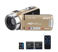 ORDRO B320 1080P con tarjeta de 16 GB, zoom digital 18x, visión nocturna, pantalla HD giratoria a 270°, cámara Full HD 1080p 30MP, 2 baterías doradas