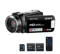 ORDRO Videocámara B320 1080P con tarjeta de 16 GB, zoom digital de 18X, visión nocturna, pantalla giratoria de 270°, cámara Full HD 1080P 30MP, 2 baterías, color negro