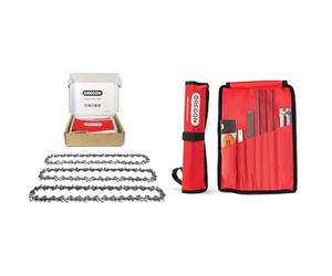 Oregon Pack de 3 Cadenas de Motosierra y Kit de Afilado - Cadena 3/8" LP para Espadas de 35cm -52 Eslabones, 1.1mm, bajo retroceso, compatible con Bosch, Karcher, Husqvarna, Makita y muchas más