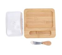 Oreilet Mantequera Madera, Recipiente para Mantequilla, Plato Grande para Pastel Queso Mantequilla con Tapa Vidrio Cuchillo, Bandeja para Servir Postre Almacenamiento en Encimera (Color madera)