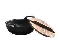 Oreilet Wok Hierro Fundido con Doble Mango, Tapa Madera Sartén Pre Sazonada sin Recubrimiento, Olla Estofado, Olla Caliente Hierro Fundido para Cocina Inducción, 12.6 X 3.9 Pulgadas (32 cm/12,6