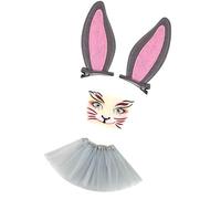 Orejas de conejo Clip para el pelo y falda de tul, pegatinas faciales, traje de juego de roles para temas de cumpleaños, eventos de ropa, Halloween, accesorios de disfraz de Pascua, gris, Talla única