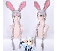 Orejas de conejo + gris plata larga trenza doble Judy Bunny peluca de cosplay sintética para fiesta peluca de oreja de conejo