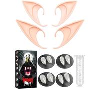 Orejas de elfo, 4 pares de dientes con 1 tubo de dientes adhesivos, 2 pares de orejas de elfo de látex, para fiestas, cosplay, Halloween, demonio, bruja