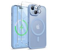 ORETECH Magnética para Funda iPhone 15 Plus, Compatible con mag-Safe, con [2X Protector de Pantalla y 1 Protector Cámara] Translúcida Mate Trasera Carcasa para iPhone 15 Plus 6,7" Sierra Azul